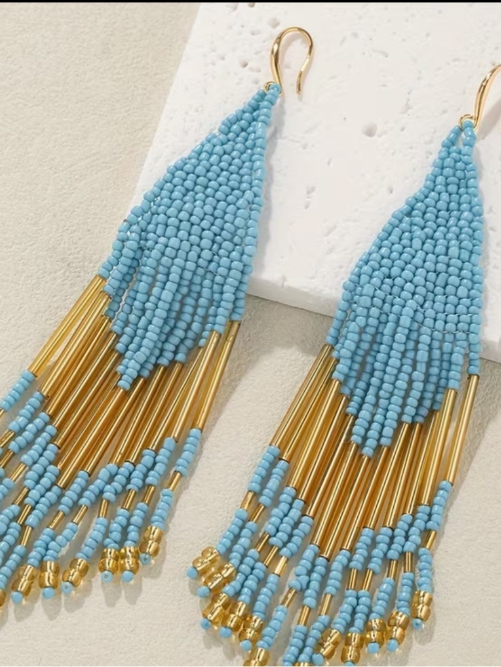 NWT blue gold boho seed bead earrings